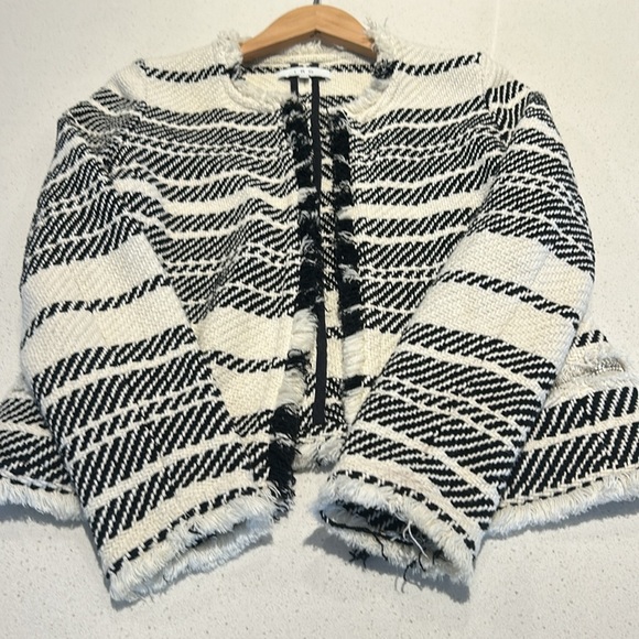 IRO Zlata Tweed Jacket Open Front Frayed Black Cream Stripes  EU 40 US 8 - Picture 8 of 17